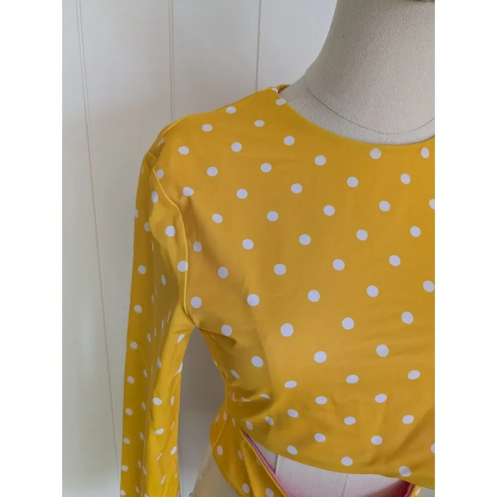 Taranaki Long Sleeved Crop Cut-Out Rashie - Yellow w/ white polka dots - Small